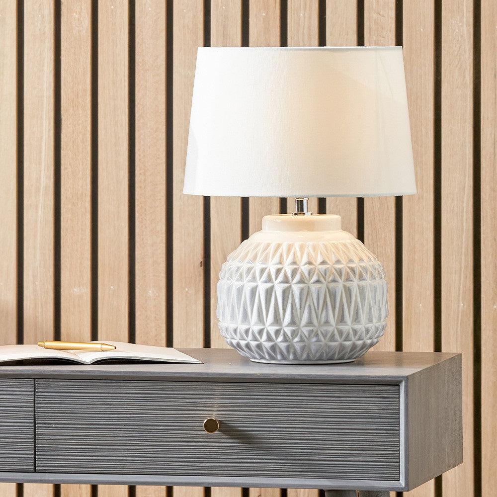 ANNELI WARM WHITE AZTEC TECTURE TABLE LAMP WITH LAMPSHADE-Pacific Lifestyle-South Charlotte Fine Lighting