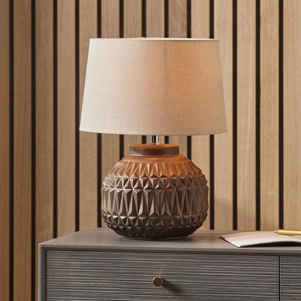 ANNELI BRONZE AZTEC TEXTURE CERAMIC TABLE LAMP WITH LAMPSHADE-Pacific Lifestyle-South Charlotte Fine Lighting