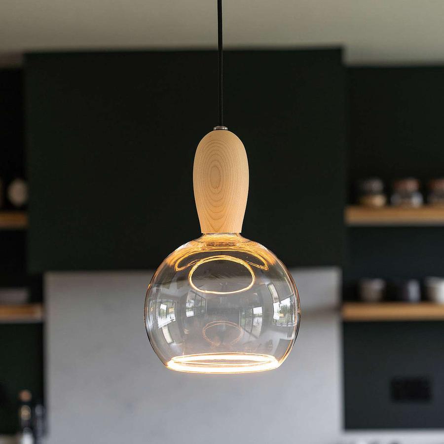 Kitchen pendant lighting made from wood and supplied by South Charlotte Fine Lighting
