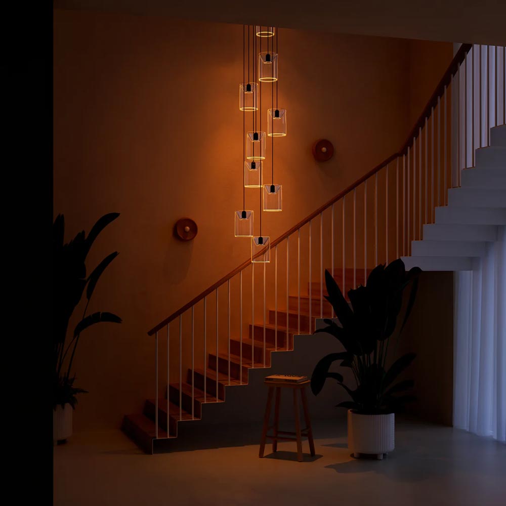 Azure Cylinder 9 Drop Chandelier lit up