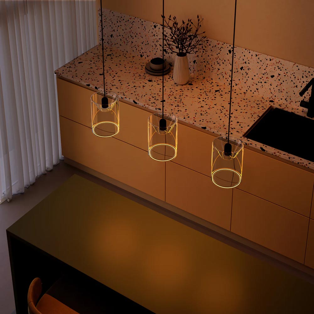 Azure Cylinder Linear 3 Drop Chandelier pictured from above