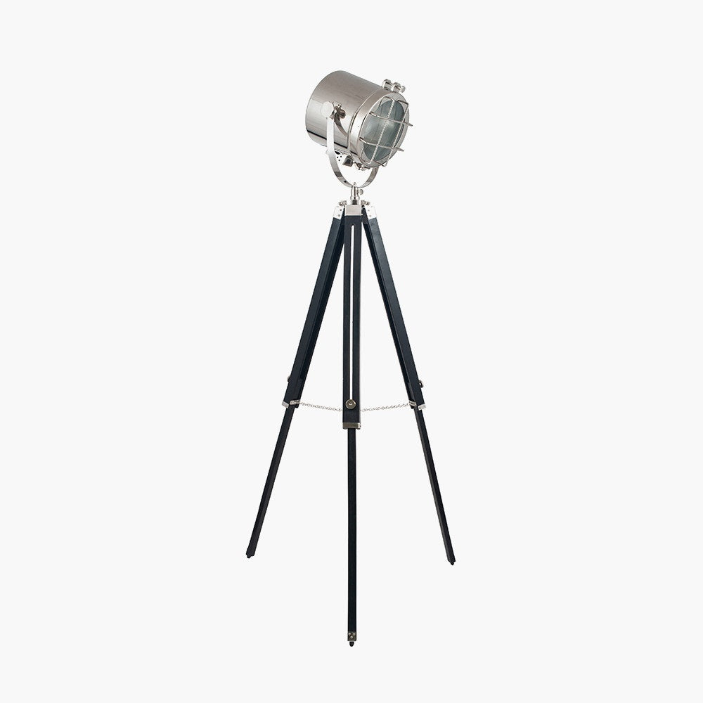 The Beckett Black and Silver Tripod Floor Lamp Marine is available from South Charlotte Fine Lighting