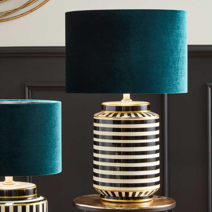 Black and white table lamp pictured in a living room