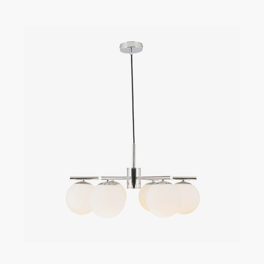 Asterope chrome pendant lights with lights illuminated