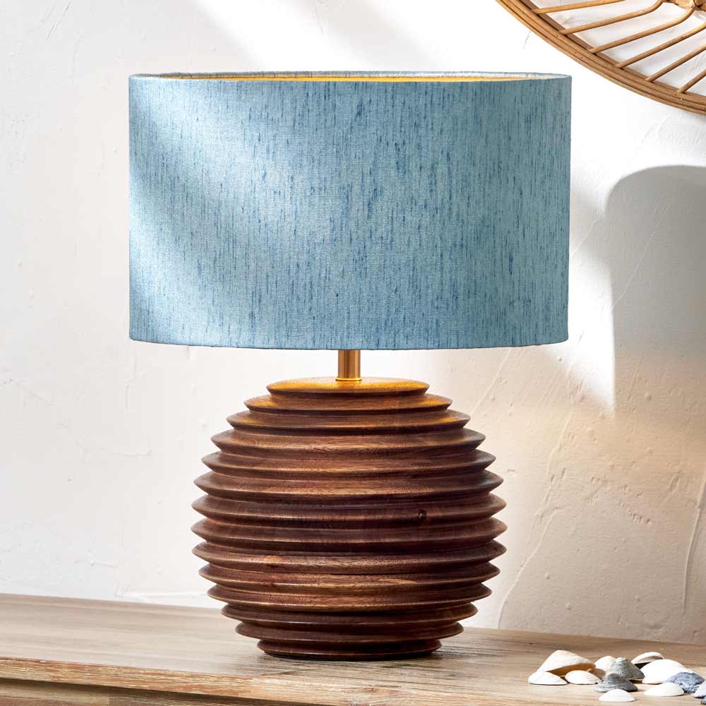 Beautiful Pembury wooden table lamp with blue lampshade
