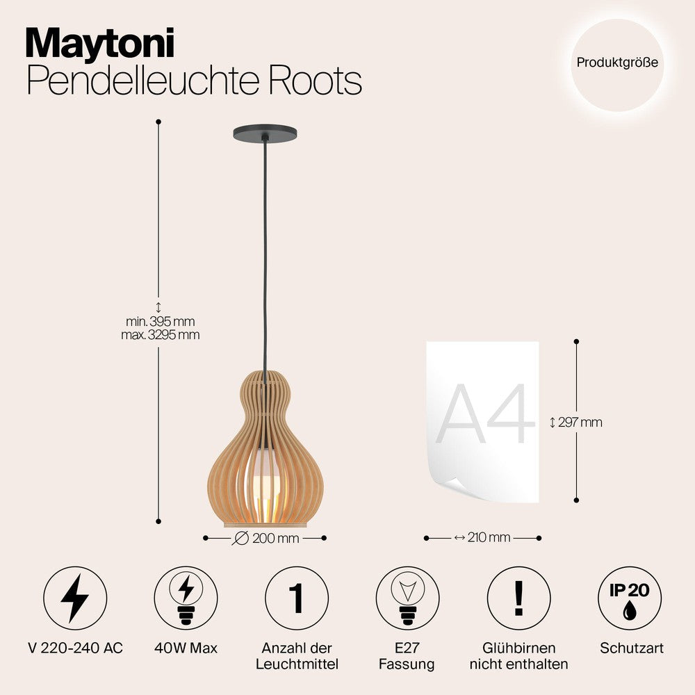 Roots Hourglass Pendant Light With Beige Wooden Lampshade-Maytoni-South Charlotte Fine Lighting