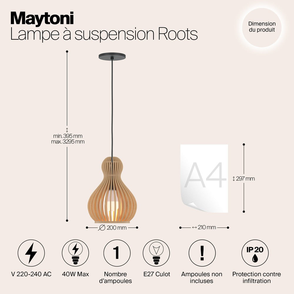 Roots Hourglass Pendant Light With Beige Wooden Lampshade-Maytoni-South Charlotte Fine Lighting