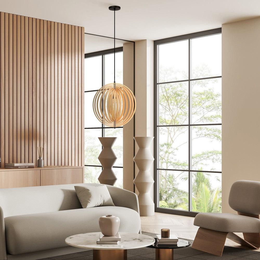 Roots Orbital Pendant Light With Beige Wooden Lampshade-Maytoni-South Charlotte Fine Lighting