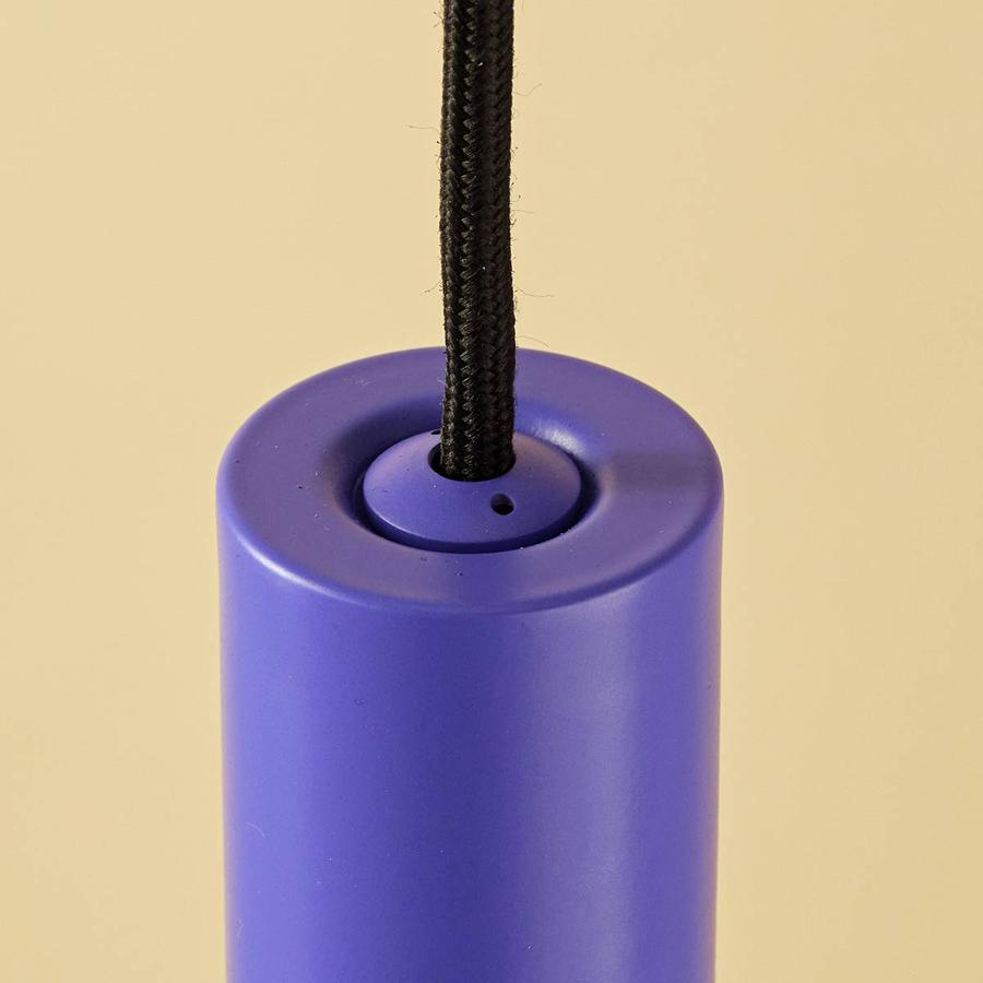 Well Lit Spin Pendant Light in Peri Optimistic bluey purple, pictured here with the Well Lit Azure G95 LED Light bulb