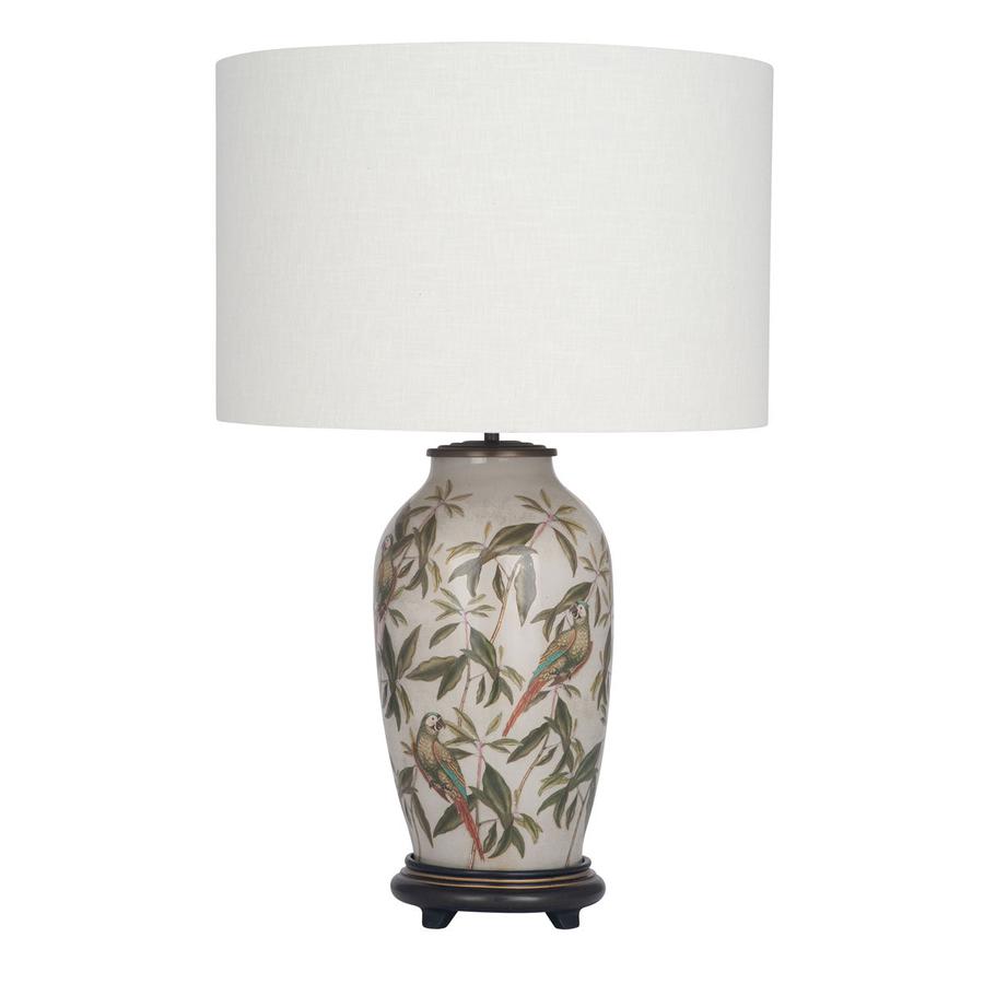 Table lamp with birds and leaves is shown here with a cylinder lampshade