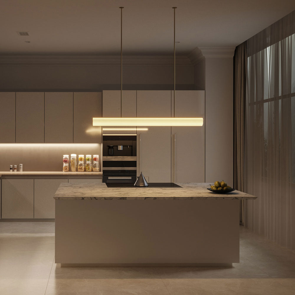 Temple Rod Pendant light lit up in kitchen