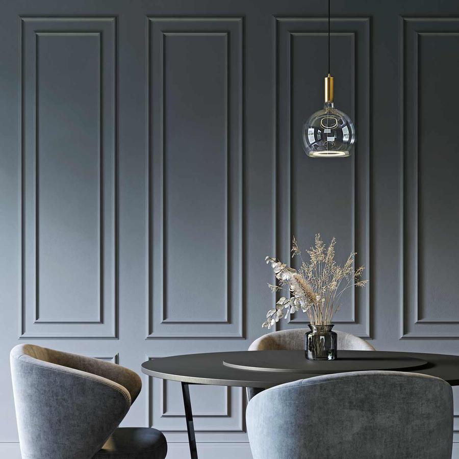 The Well Lit Spin Pendant Light is shown with the Azure Globe G200 LED light bulb, both of which are available from South Charlotte Fine Lighting