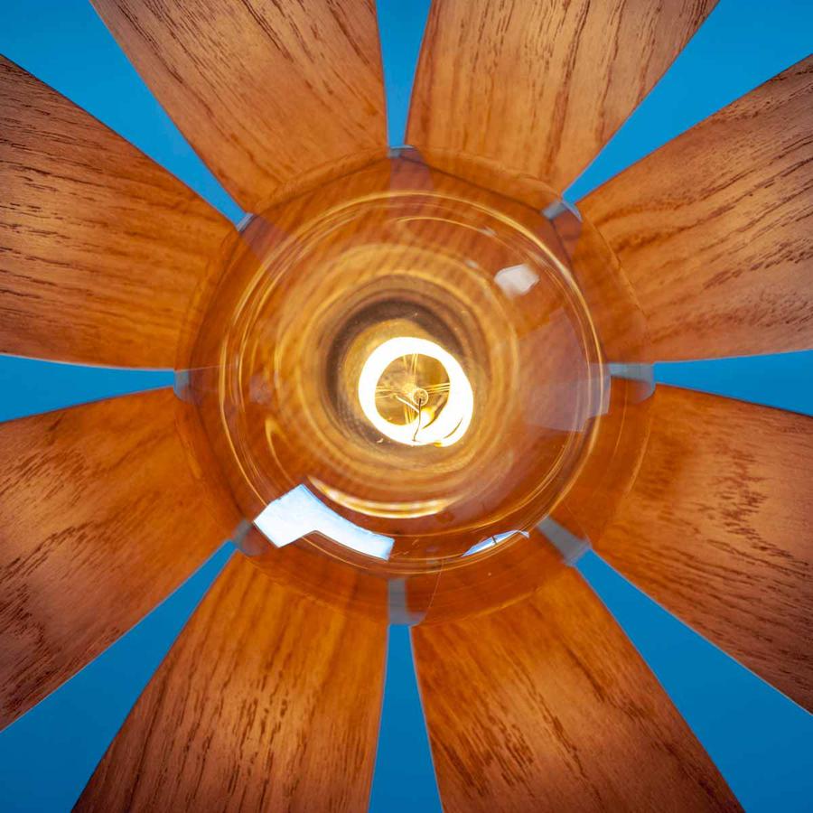 Beautiful oak detail on wooden pendant light sold by South Charlotte Fine Lighting