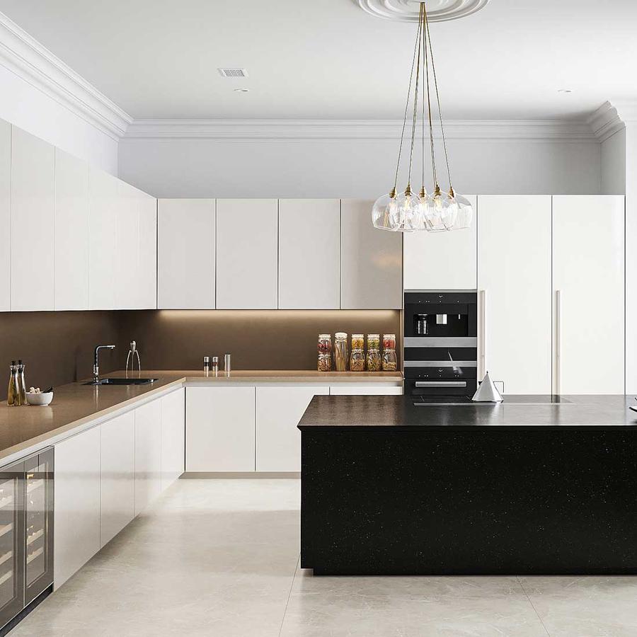 The Wimbledon style modern cluster of pendant lights above a kitchen island