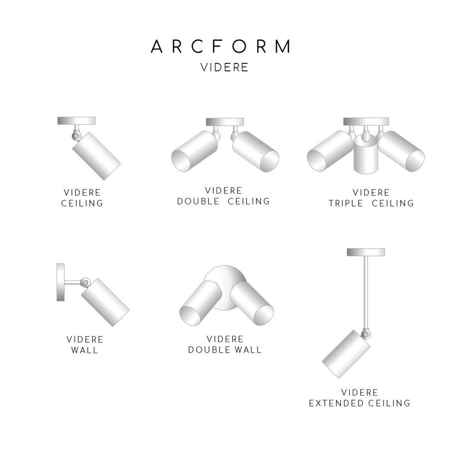 The Arcform VIDERE range includes ceiling, double ceiling, triple ceiling, wall, double wall and extended ceiling lights