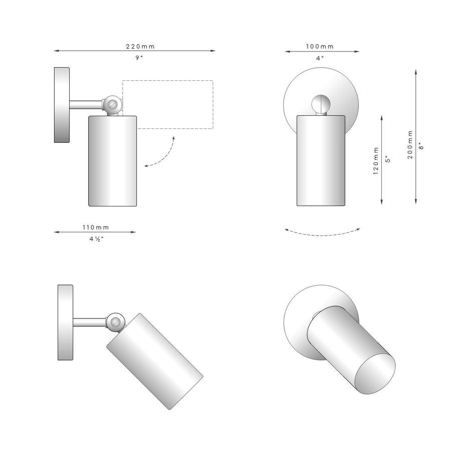 Measurements for Arcform Videre Wall Light which is dimmable, has adjustable beam angles and can be switched on and off from a wall switch.