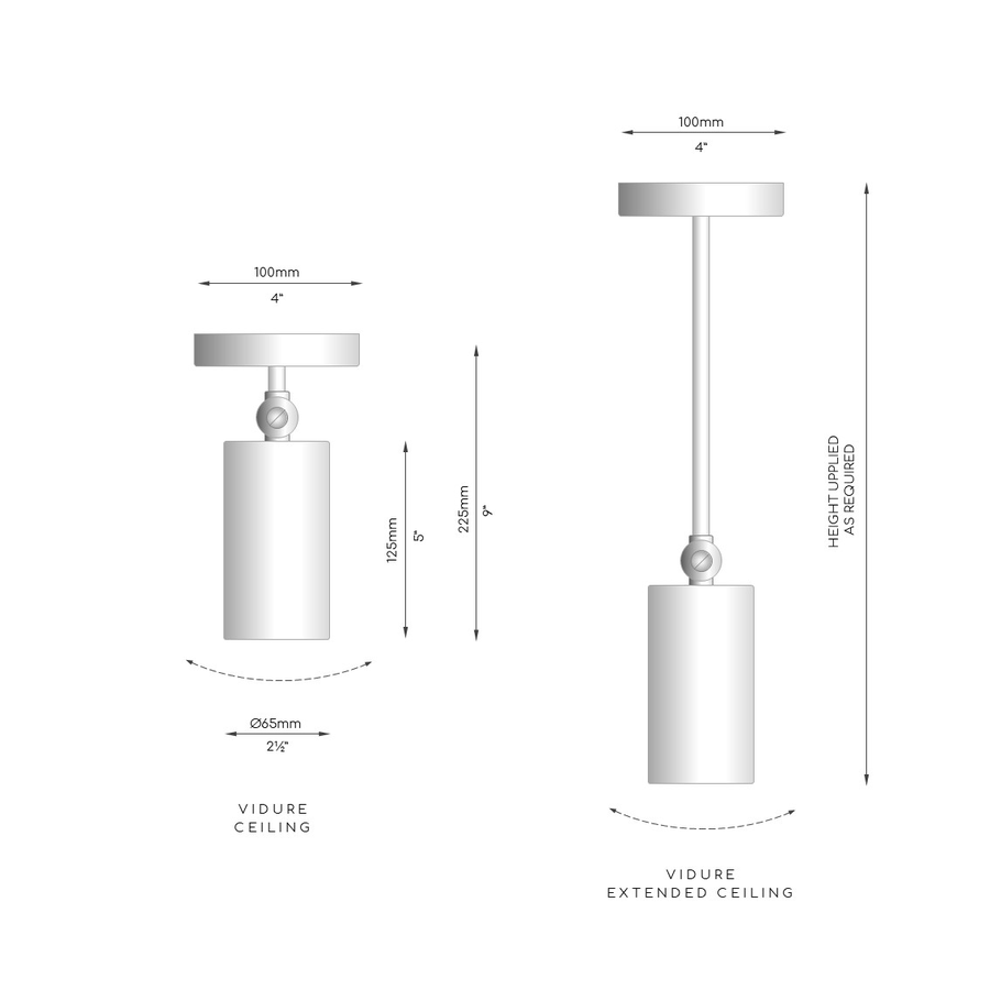 Measurements for Arcform Videre Ceiling Light which is dimmable, has adjustable beam angles and can be switched on and off from a wall switch.