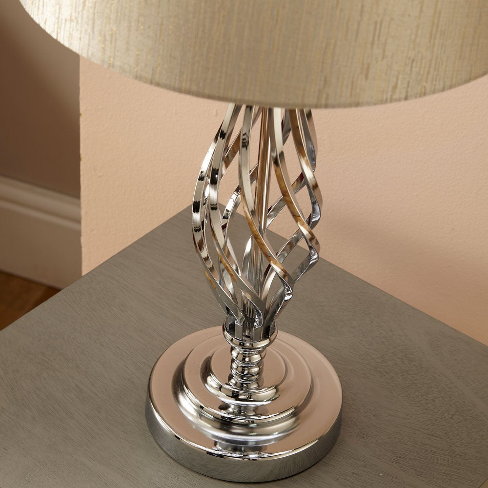 JENNA SILVER METAL TWIST DETAIL TABLE LAMP AND LAMPSHADE