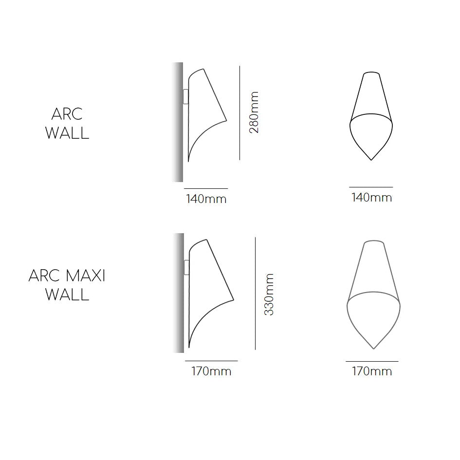 Sizes and measurements for both sizes of Arcform ARC Wall Light Plug In, which is available from South Charlotte Fine Lighting based in Scotland