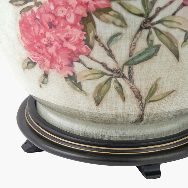 The rhododendron vintage floral table lamp base by Jenny Worrall is pictured here on an antique brass coloured base