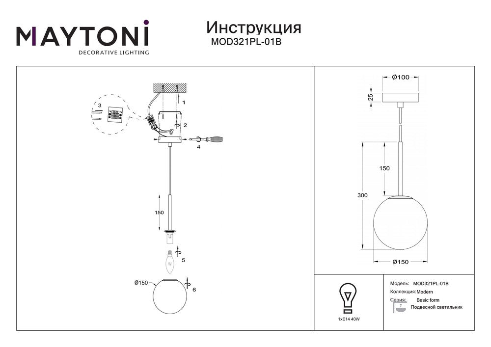 Basic form Pendant Lamp In Black - Single Light (Medium)-Maytoni-South Charlotte Fine Lighting