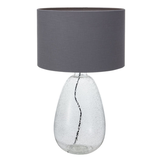 Beja glass table lamp modern with grey lampshade, all sold by South Charlotte Fine Lighting
