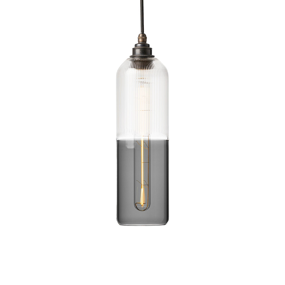 The Leverint Bickley Glass Pendant Light Mixed Profile is a coloured glass pendant light which allows you to customise the top and bottom glass to your requirements. This example features fine ribbed glass at the top and transparent black glass on the bottom and is sold by South Charlotte Fine Lighting