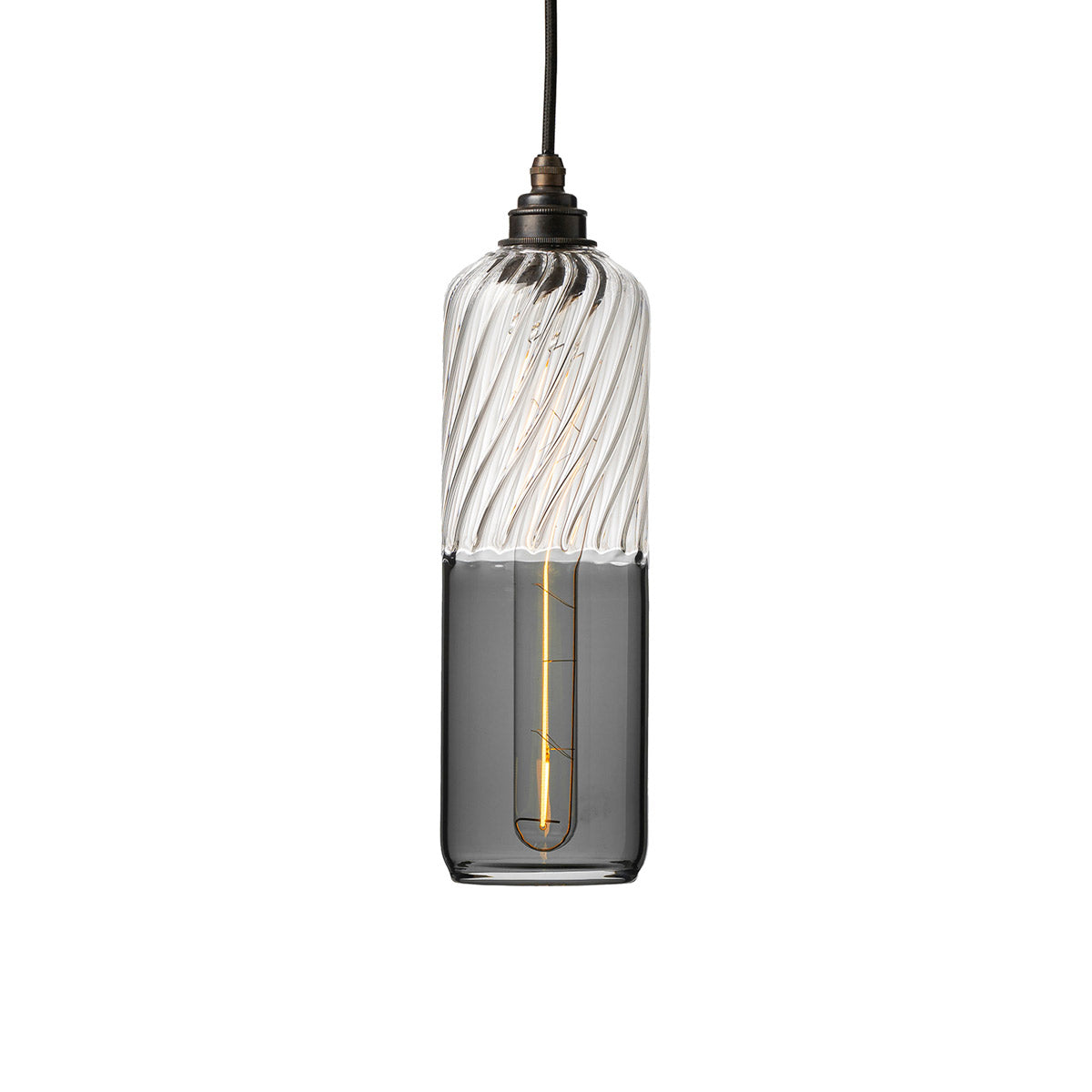 This Bickley coloured glass pendant light features ribbed twist glass at the top and transparent black glass on the bottom.