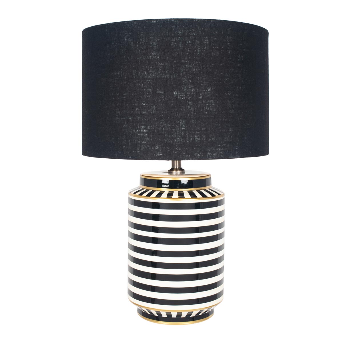 Black and white table lamp with black cylinder lampshade