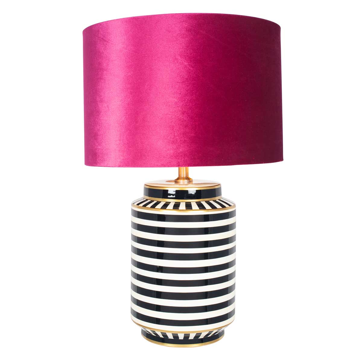 Black and white table lamp with pink cylinder shade