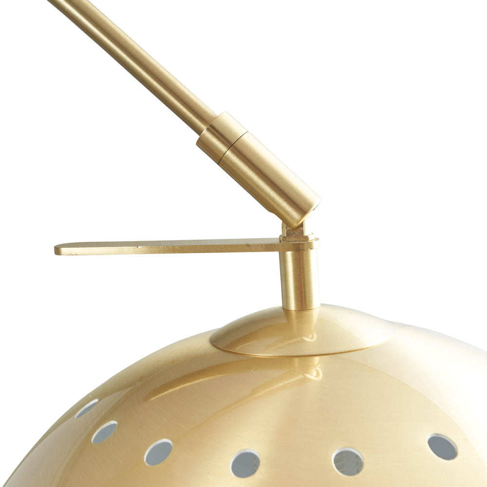 Detailed close-up on brushed brass finish of Feliciani Brushed Brass Metal And White Marble Floor Lamp