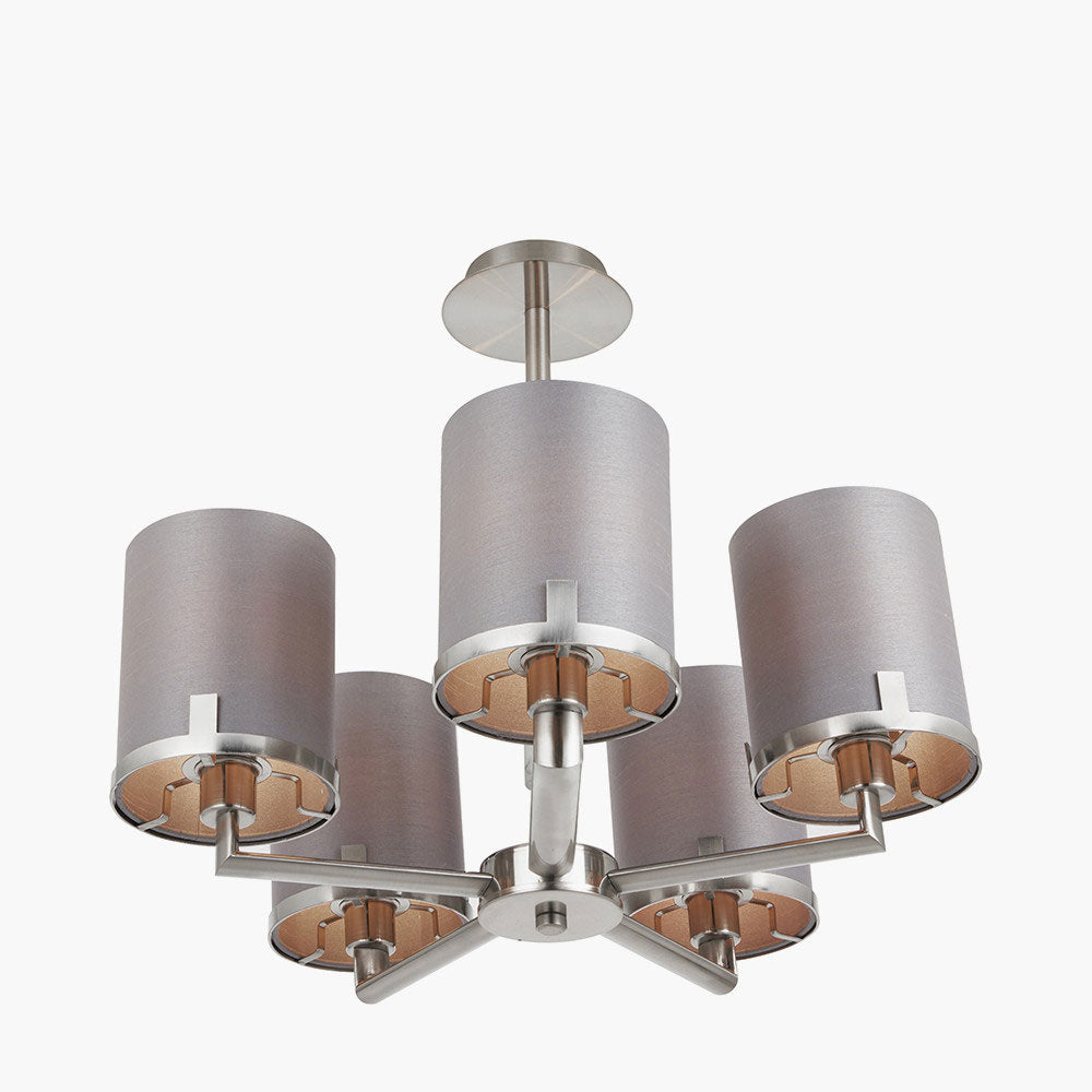 Brushed nickel pendant lighting sold by South Charlotte Fine lighting pictured from below with lights illuminated