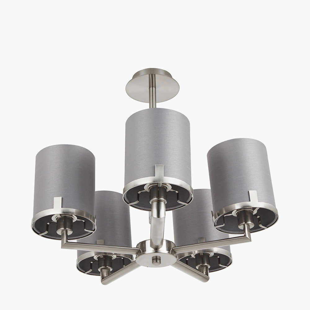 View from below of Midland brushed nickel pendant lights with marble-effect stem sold by South Charlotte Fine Lighting