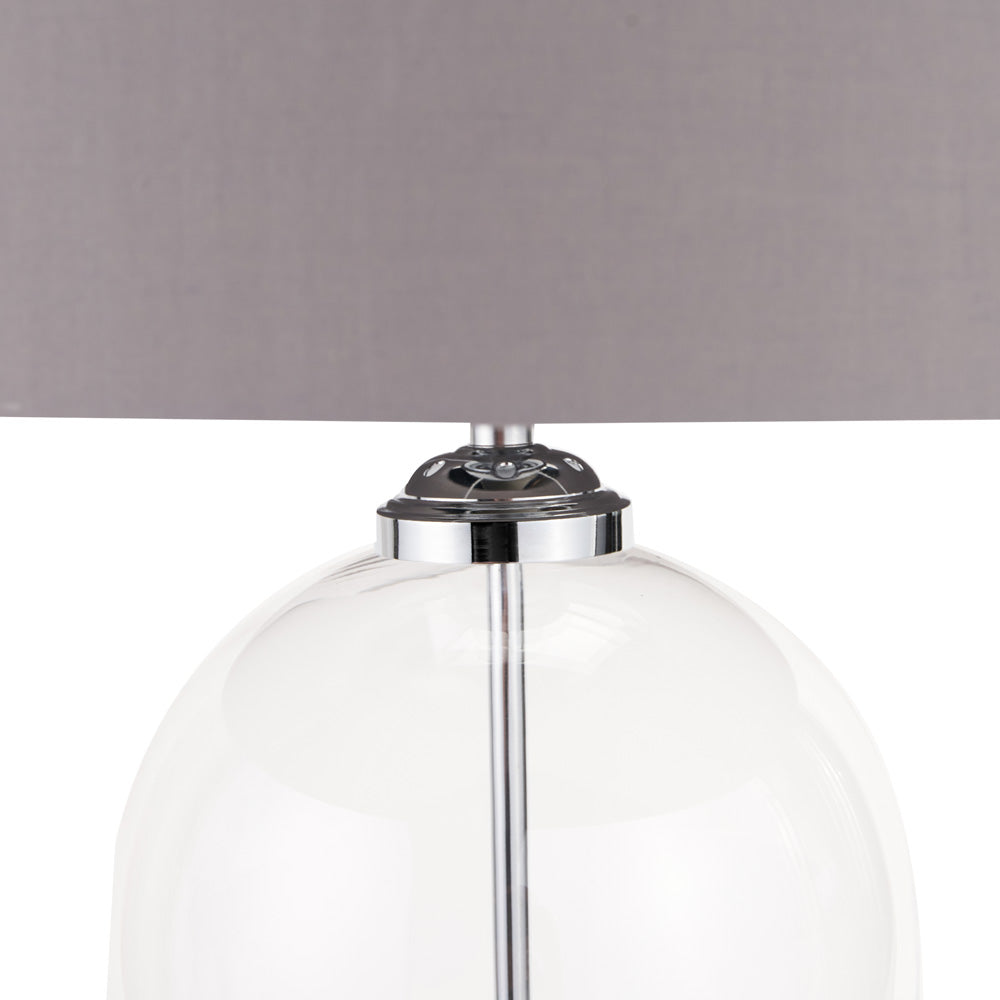 Silver metal detail on Cloche glass table lamp which includes a grey lampshade