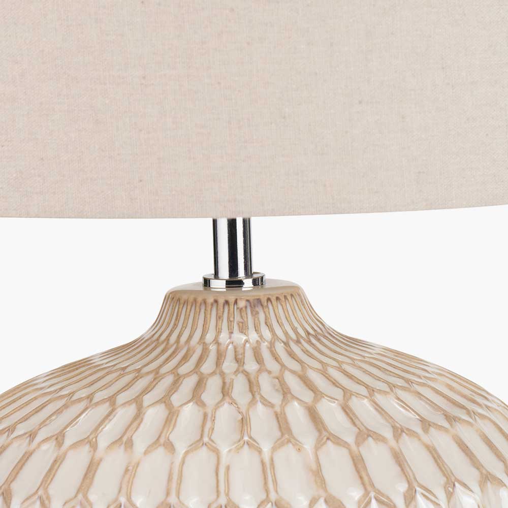 Linen shade and Aztec styling on Cassius Warm White Textured Glazed Ceramic Table Lamp