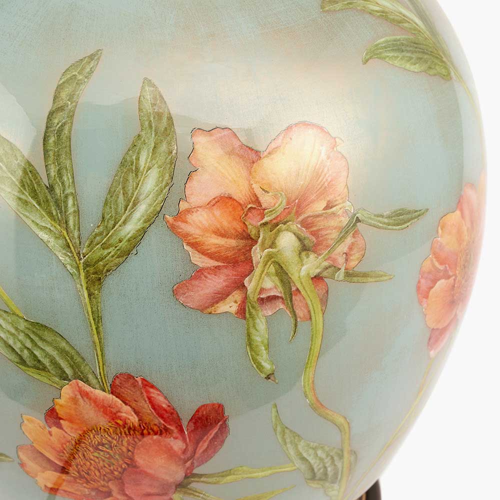 Coral peonies on hand painted table lamp by Jenny Worrall and sold by South Charlotte Fine Lighting