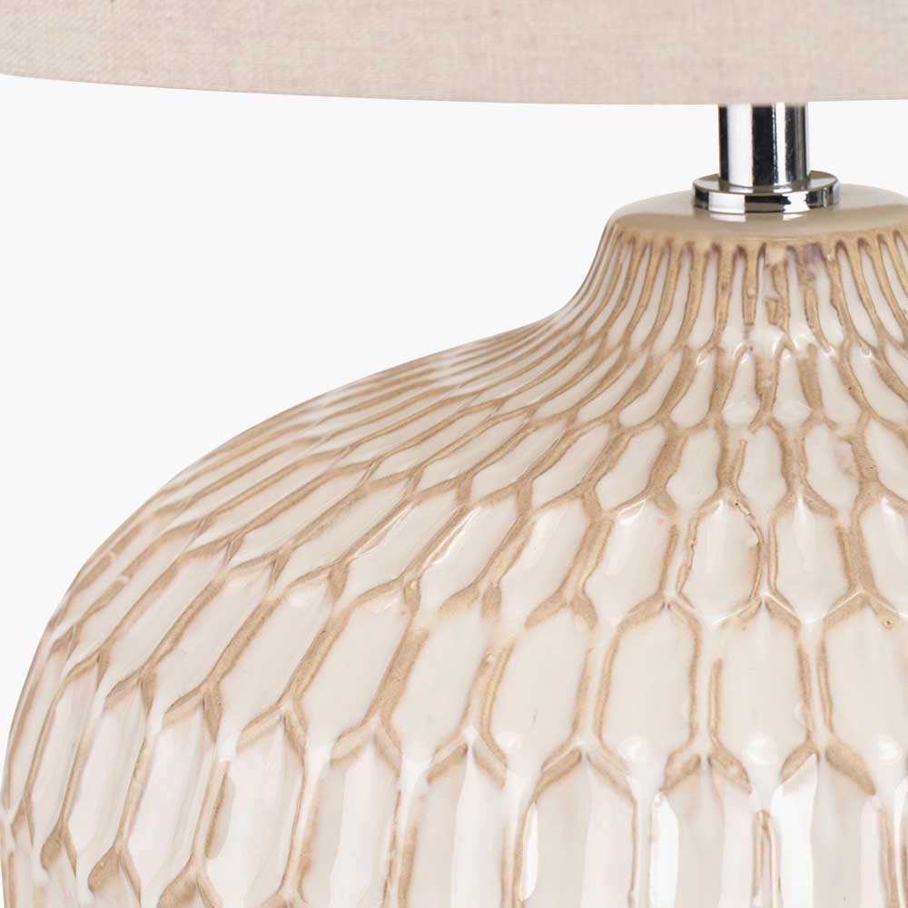 Close-up on Cassius Warm White Textured Glazed Ceramic Table Lamp