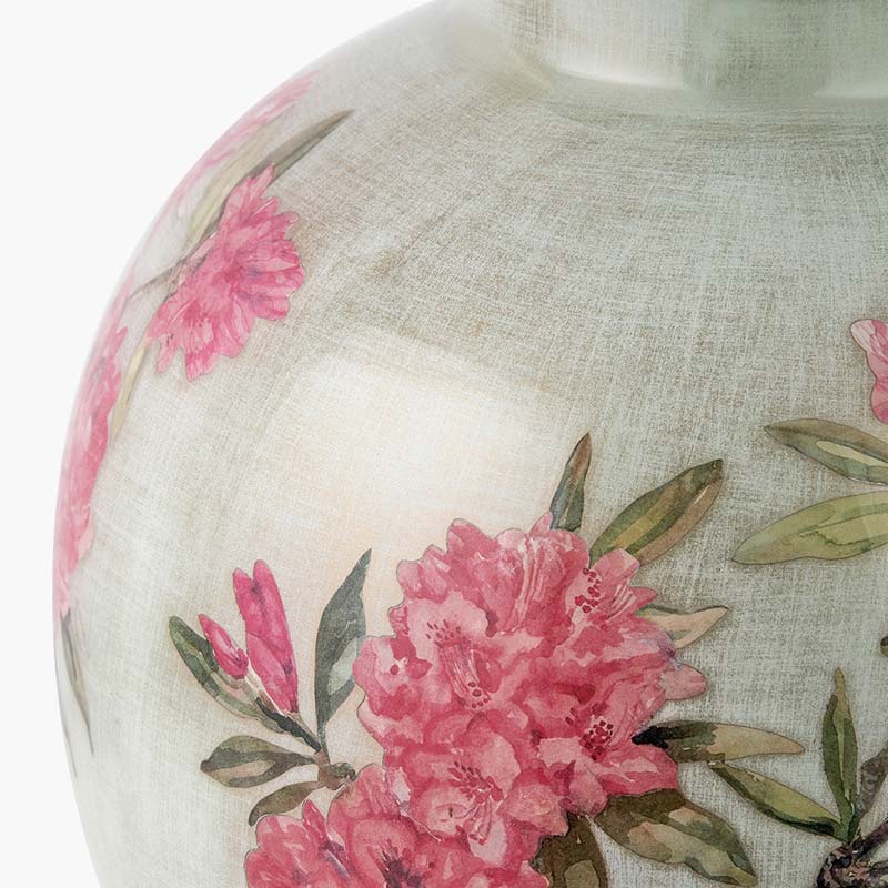 Detailed view of rhododendron flowers on vintage floral table lamp base by Jenny Worrall and sold by South Charlotte Fine Lighting