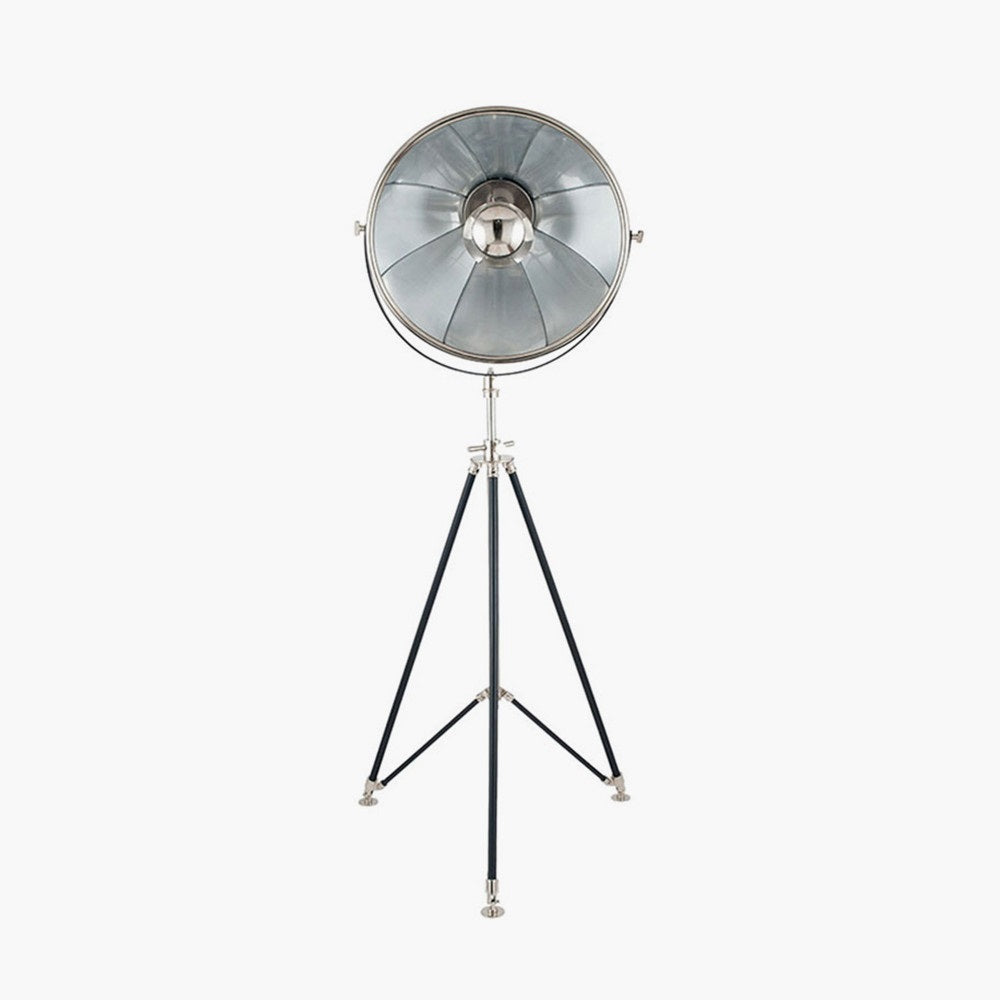 Elstree Black and Silver metal tripod floor lamp shown from the front.