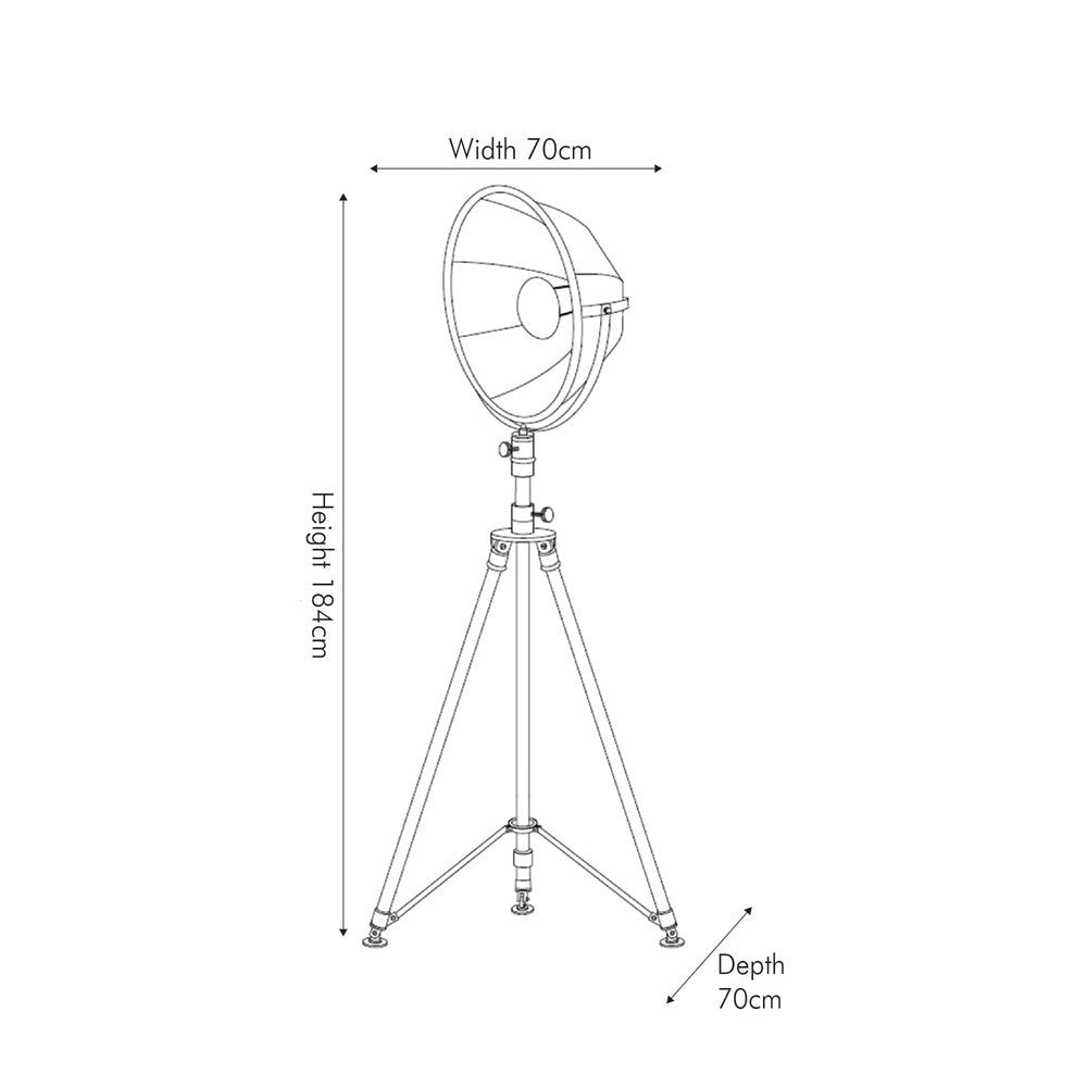 Dimensions for Elstree Metal Tripod Floor Lamp in Silver and Black.