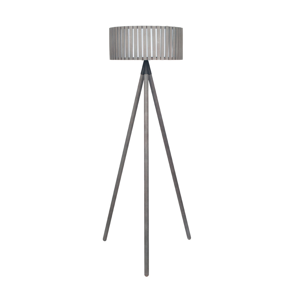 This floor lamp tripod wood has a grey antique wood finish