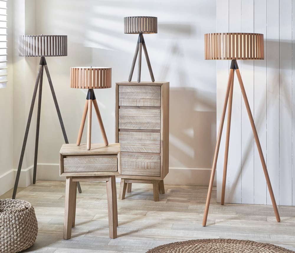 The full Rabanne range of floor lamp tripods made from wood and table lamps