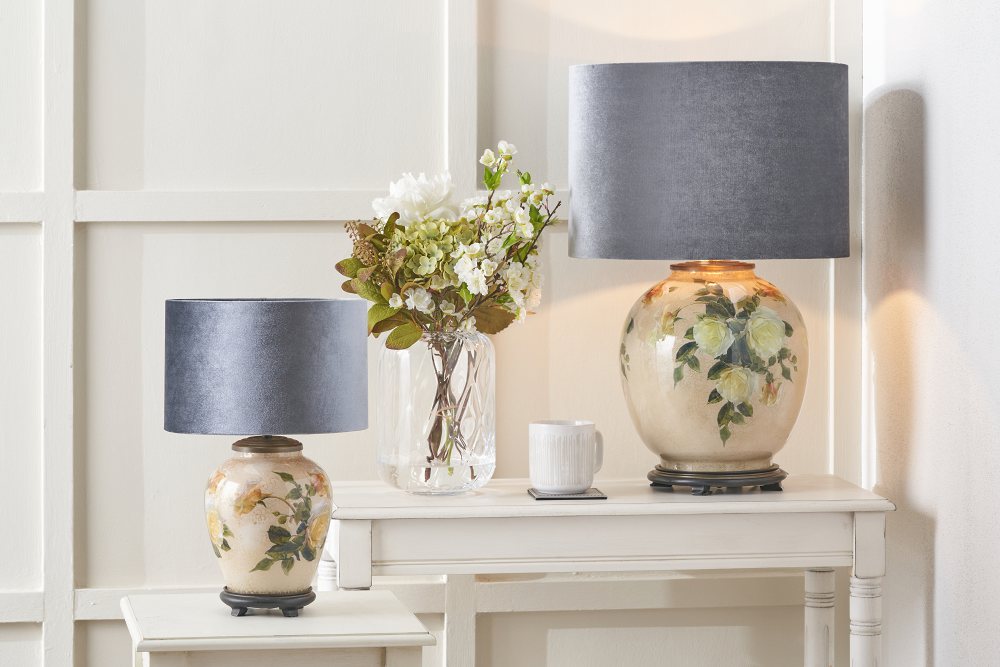 Classic Rose Small Glass Table Lamp Base seen here on the left