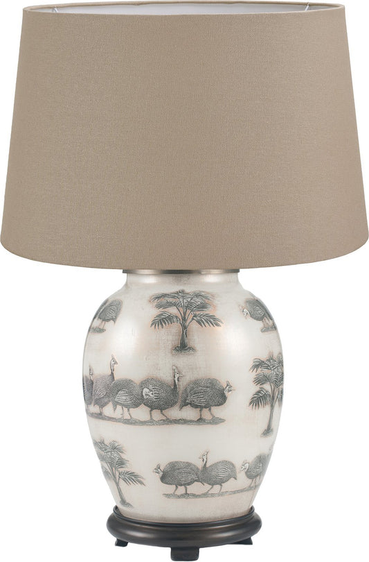 Guinea Fowl Medium Glass Table Lamp Base with optional taupe lamp shade.