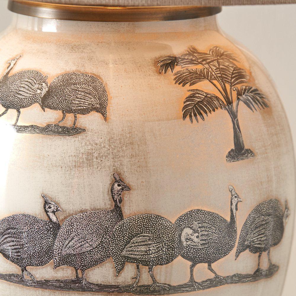 Close up on guinea fowl on Guinea Fowl Medium Glass Table Lamp Base by Jenny Worrall