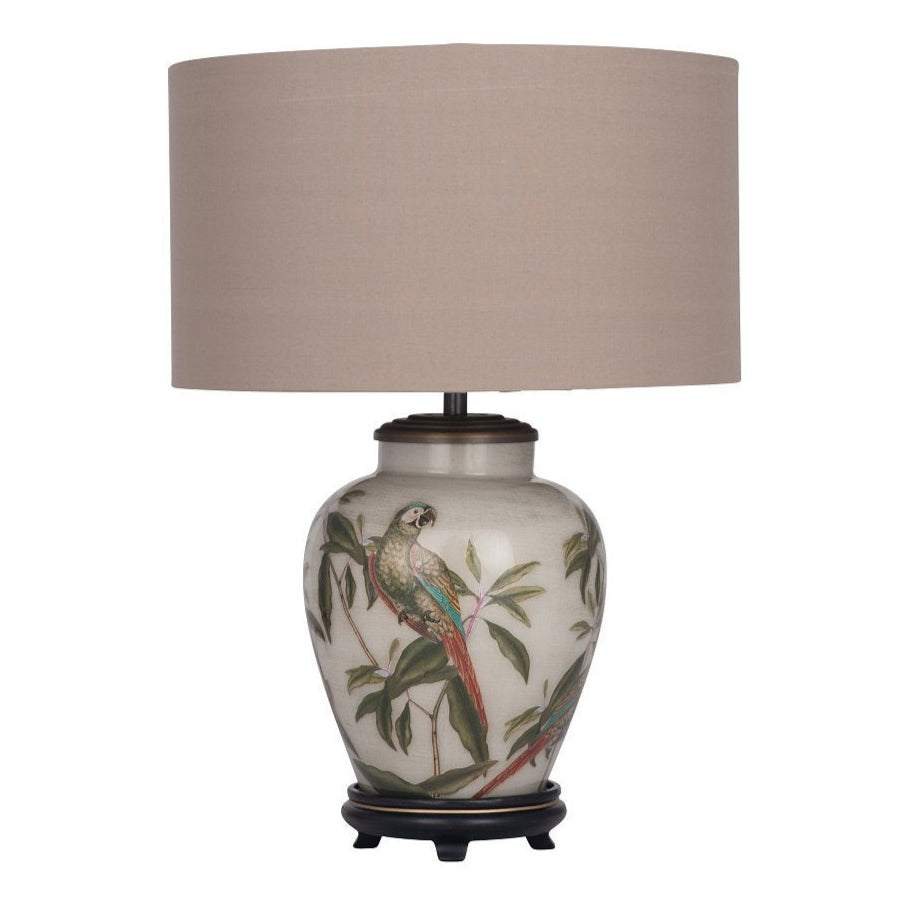 Parrot Small Glass Table Lamp Base with taupe coloured cylinder lamp shade