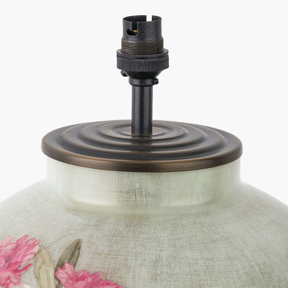 Antique brass coloured top on vintage floral table lamp base by Jenny Worrall and sold by South Charlotte Fine Lighting