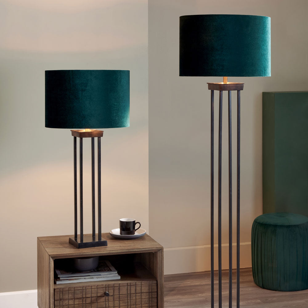 Langton black floor lamp (right) with optional velvet shade and, to the left, the table lamp from the same range