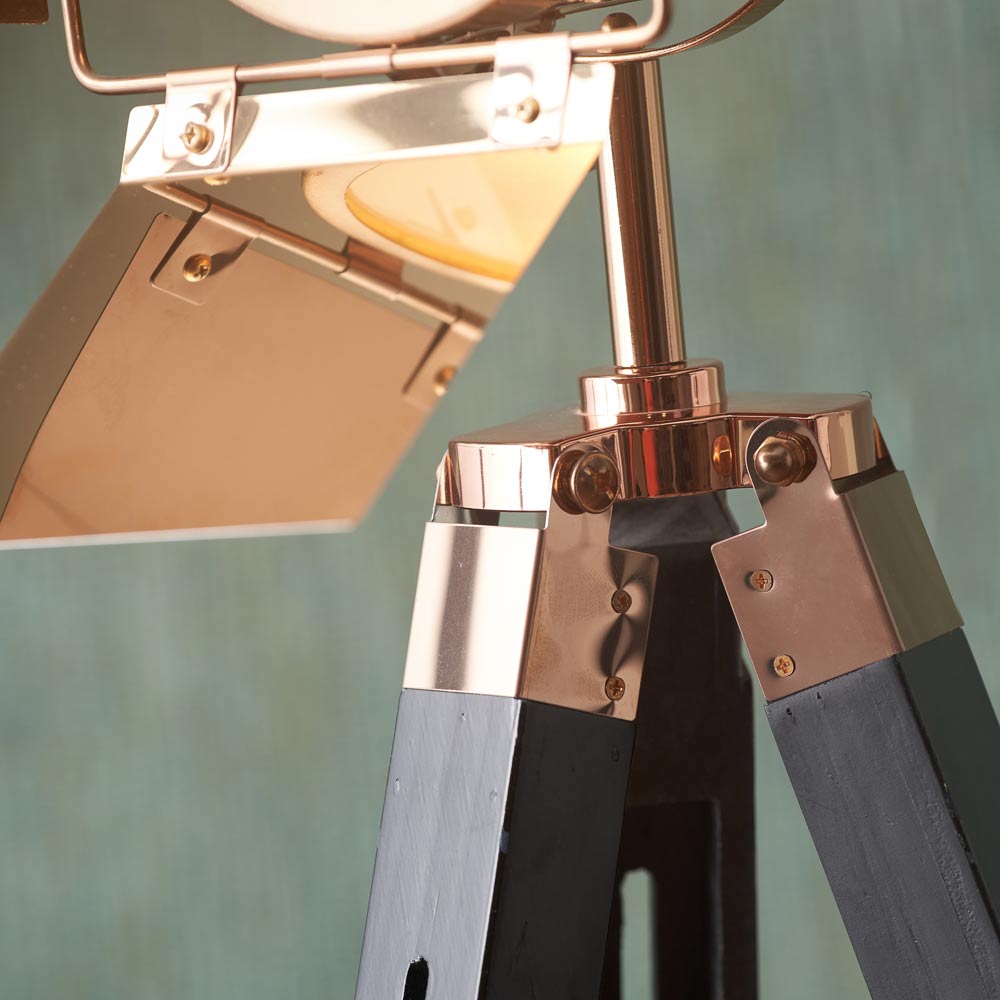 Fine details on Hereford tripod floor lamp in copper