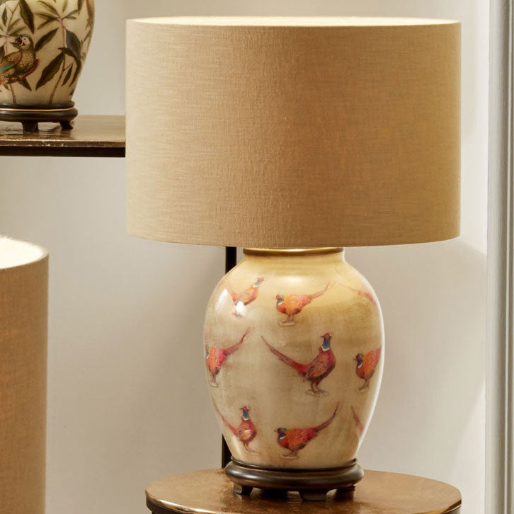 Beautiful Pheasant Table Lamp shown here with optional cylinder lampshade - all sold by South Charlotte Fine Lighting